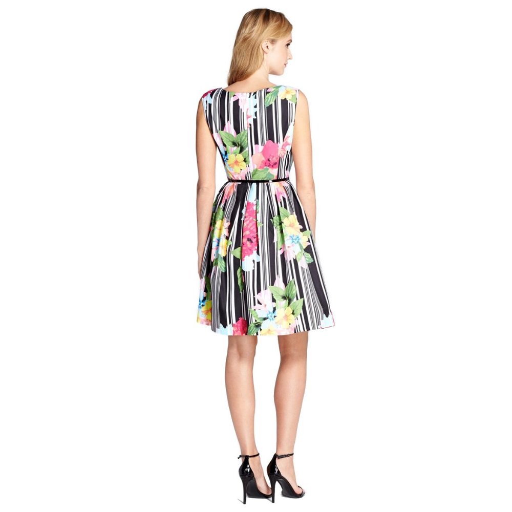 ELLEN TRACY 2 XS Floral Dress Stripe Fit Flare Keyhole Midi 50s Retro 4 S 1950s - Picture 5 of 14